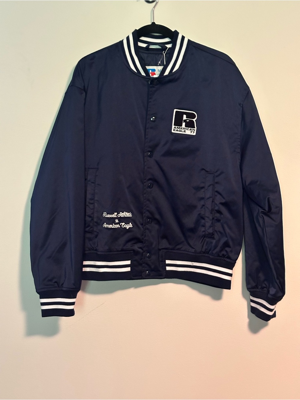 Russell Athletic x American Eagle 77 Varsity Bomber Jacket Navy Men’s Medium NWT